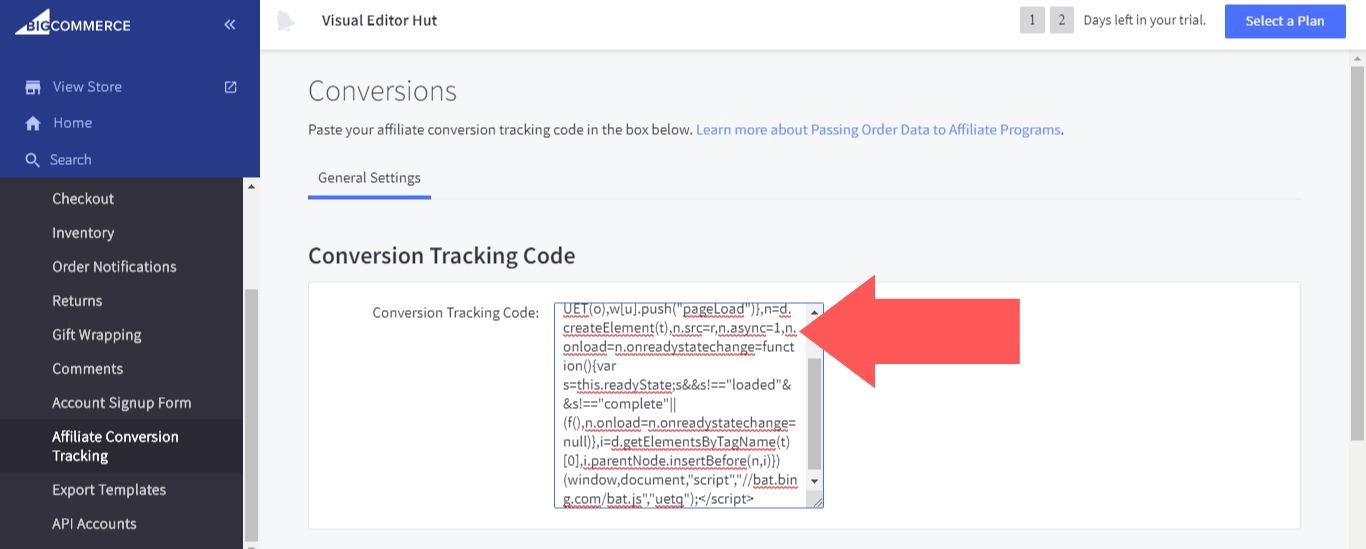 Paste your UET tag tracking code into the “Conversion Tracking Code” field