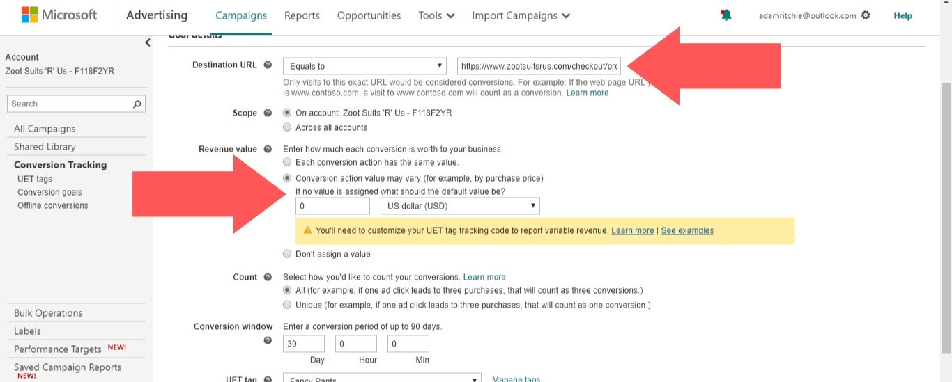 In the “Revenue Value” section, select “Conversion action value may vary (for example, by purchase price)” and set the value as “0”