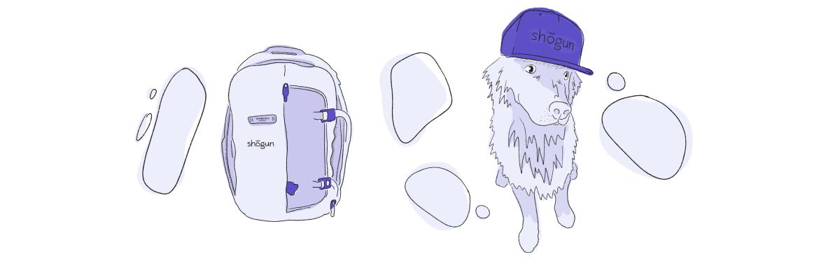 purple illustration of a backpack and dog wearing a hat