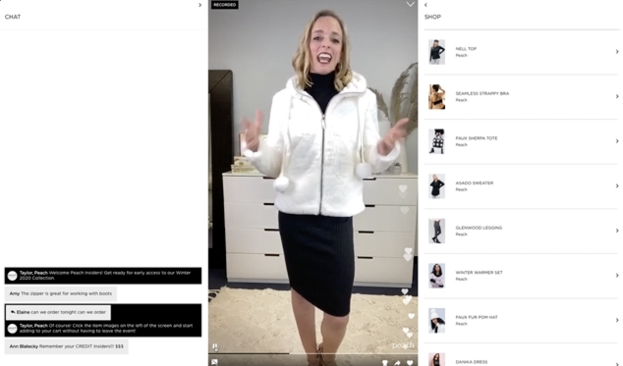 A screenshot of a woman with blonde hair doing a livestream via Bambuser while wearing a white winter jacket
