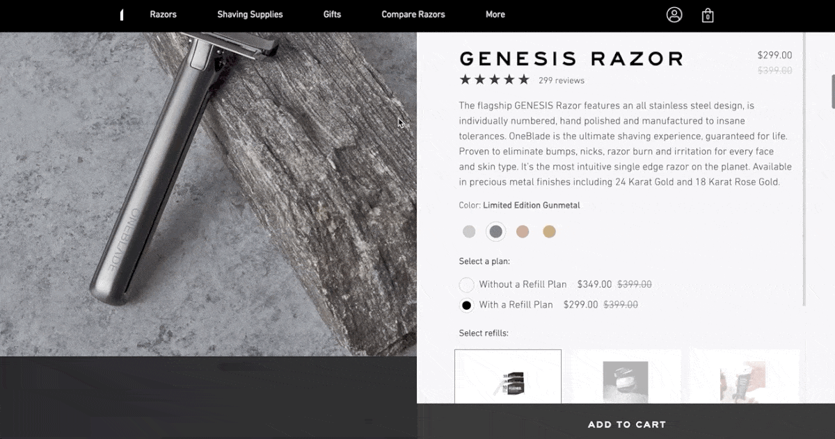 Product page remerchandising on the OneBlade Genesis Razor page