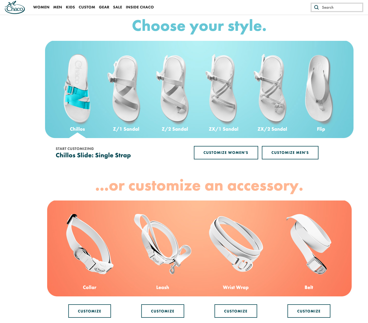 Chaco's product customization offering on their website