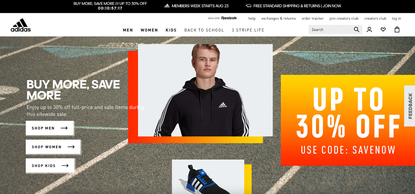 The homepage of the Adidas website