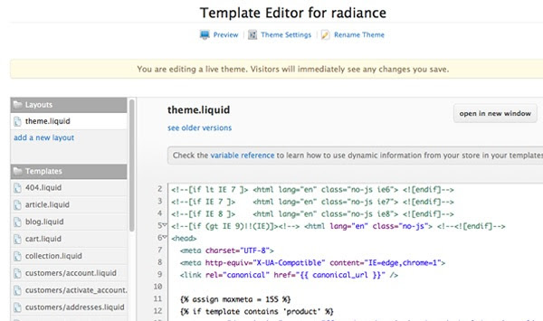 Liquid example in template editor