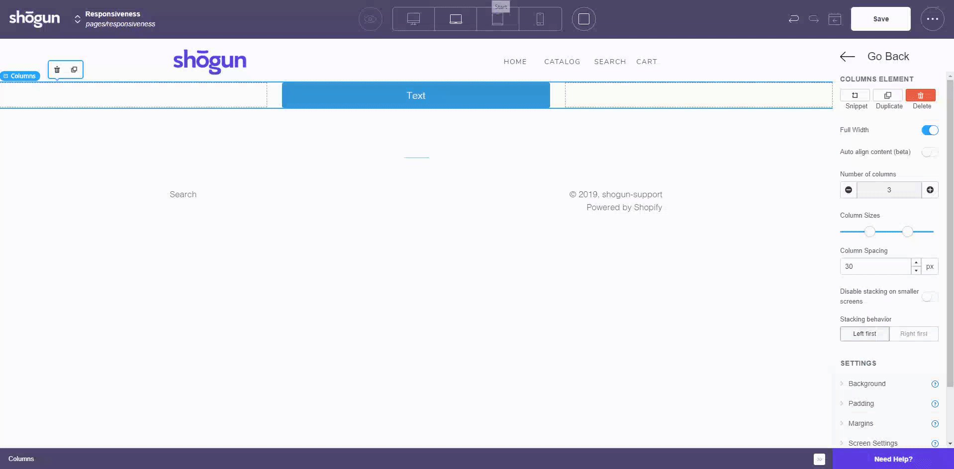 shogun page builder screen settings responsive landing pages