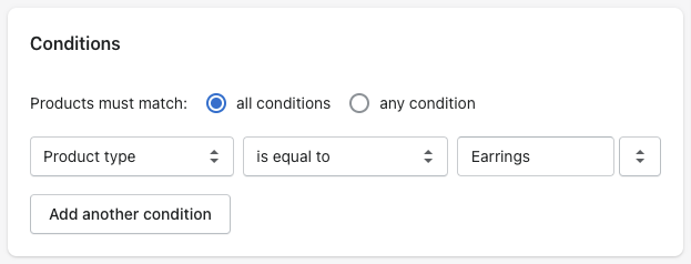 shopify automated collection conditions product type