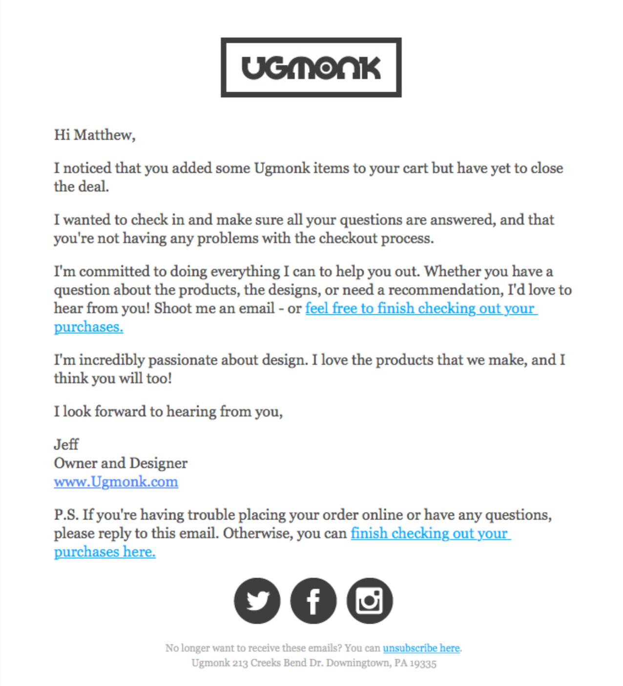 ugmonk reminder email abandoned cart