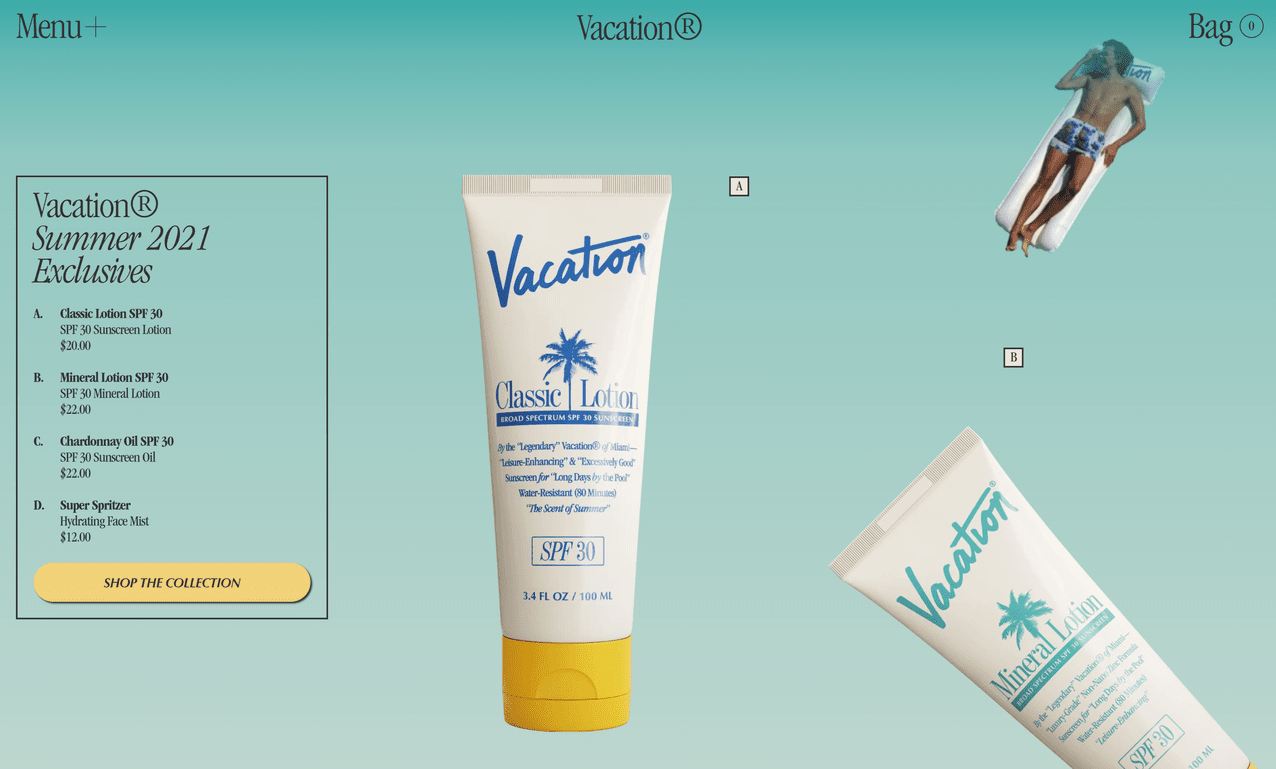 The homepage of ecommerce brand, Vacation