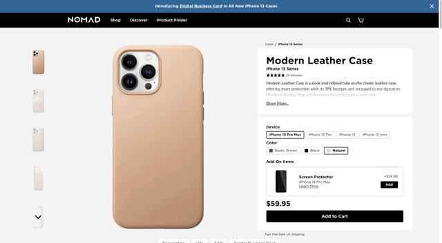 Horween Leather phone case product page from Nomad.com