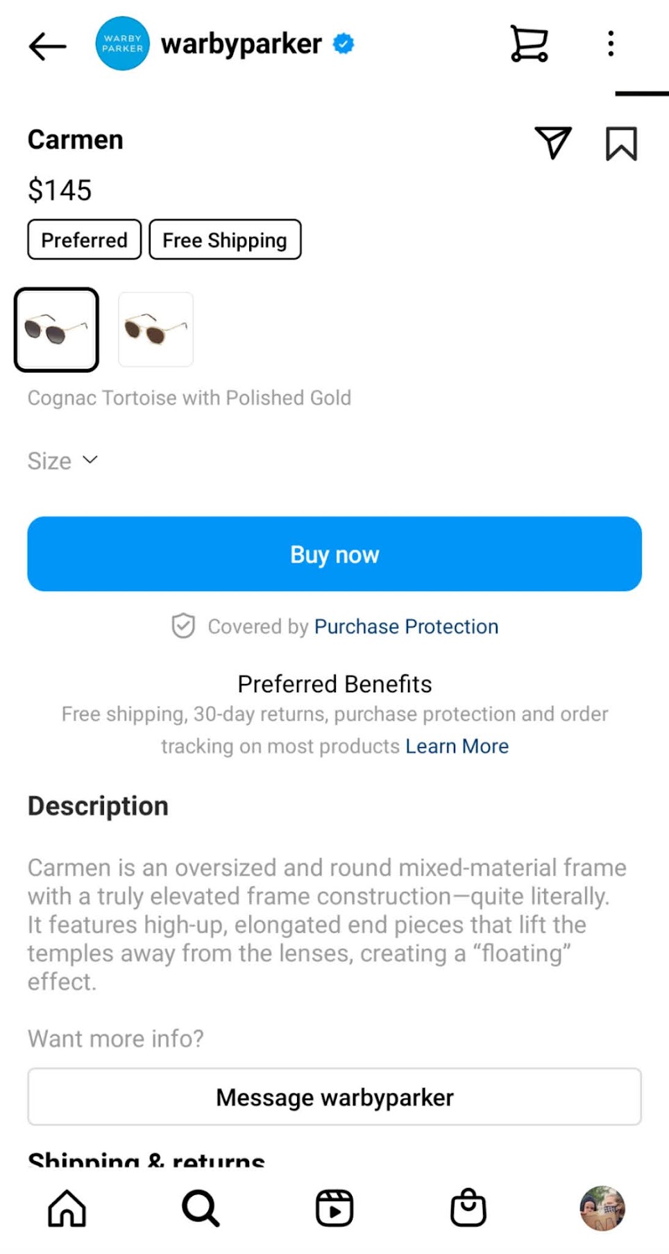 warby parker instagram product page buy now