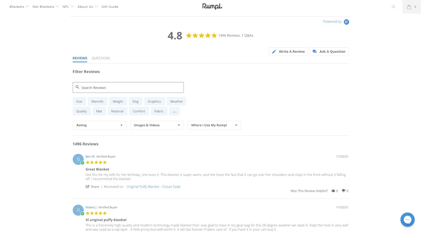 rumpl blanket customer reviews section