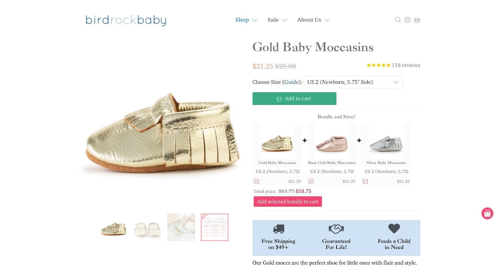 birdrock baby gold moccasins product page