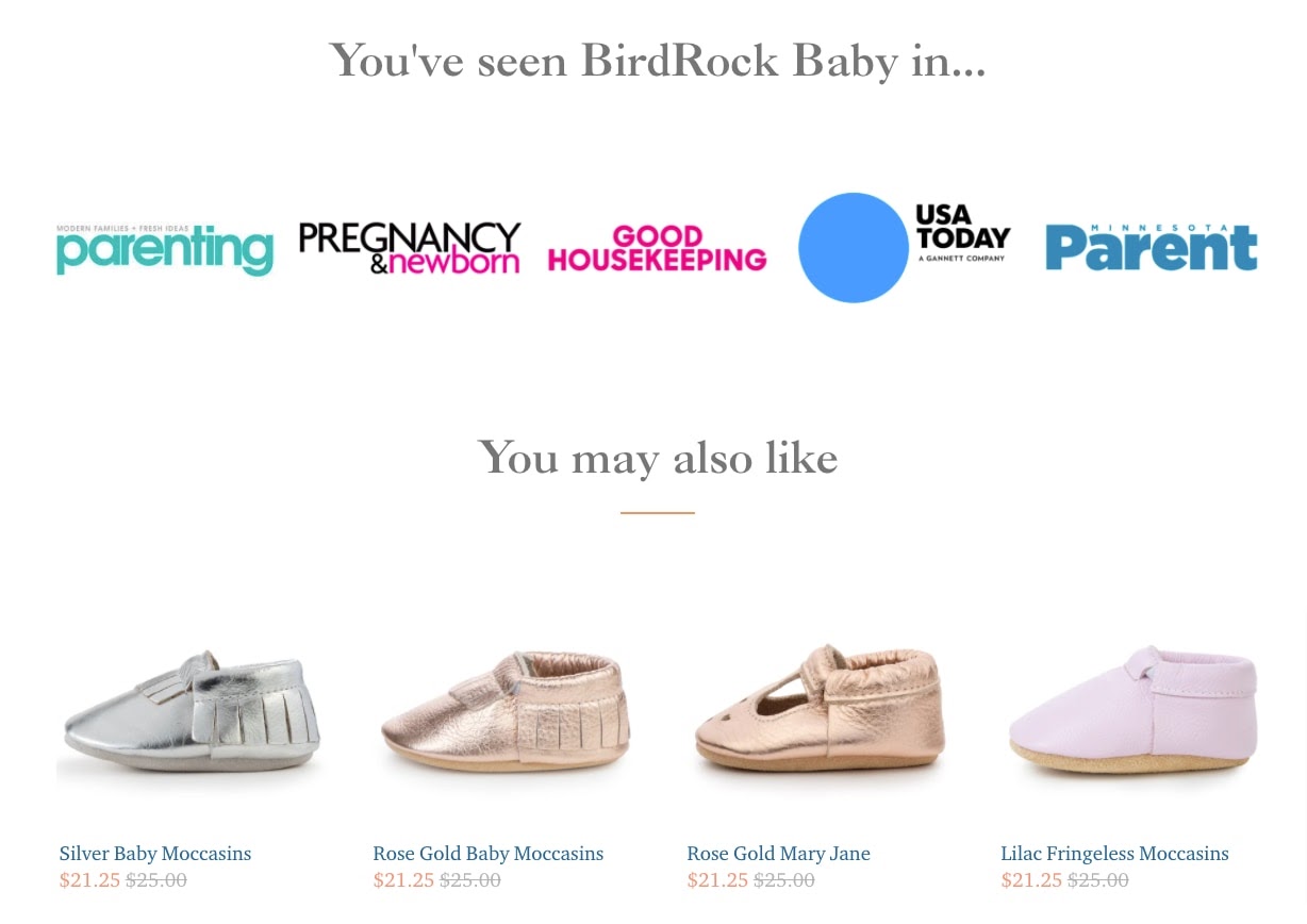 birdrock baby gold moccasins product page related product and publication social proof