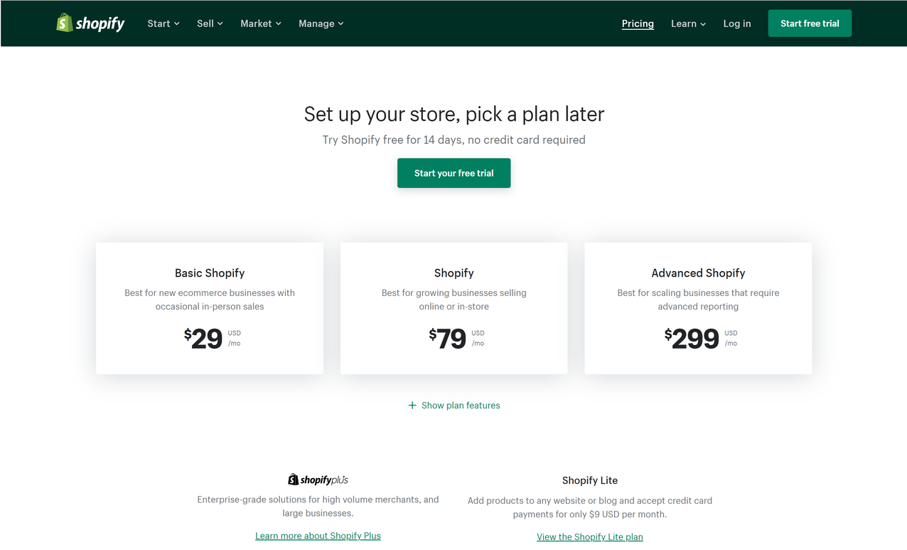 shopify platform pricing plans