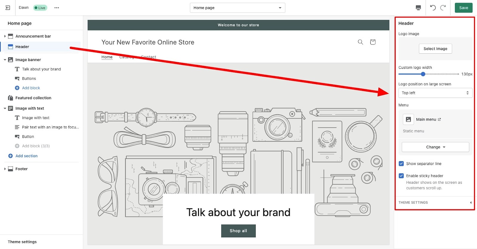shopify theme customization section header customize options