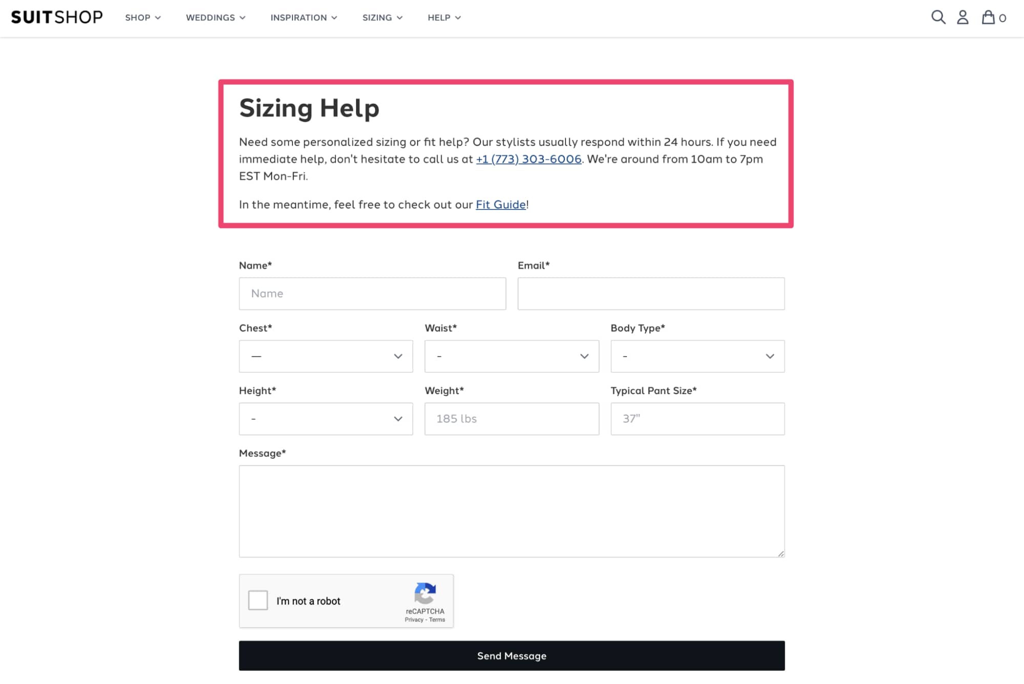 suitshop sizing help page authority social proof