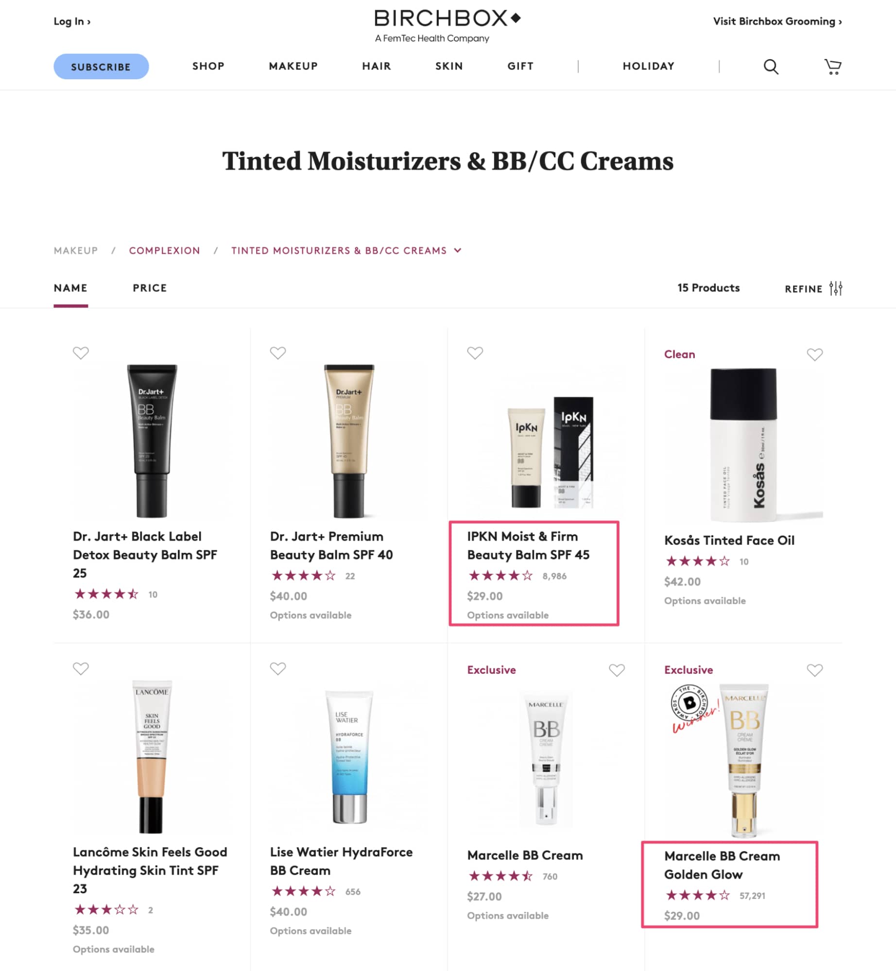 birchbox product star ratings on collection pages