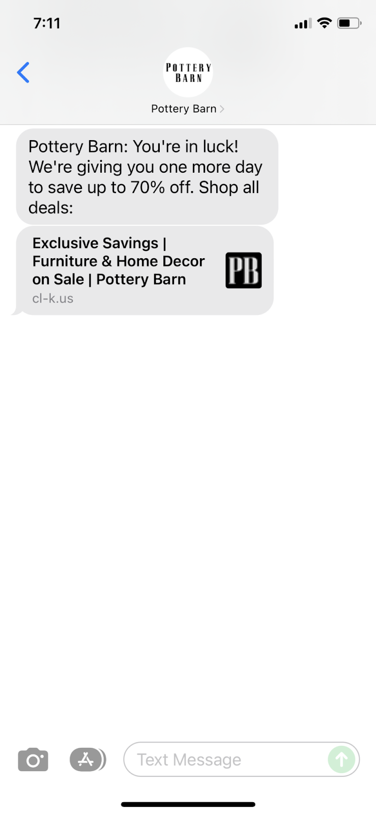 A promotional SMS message from Pottery Barn