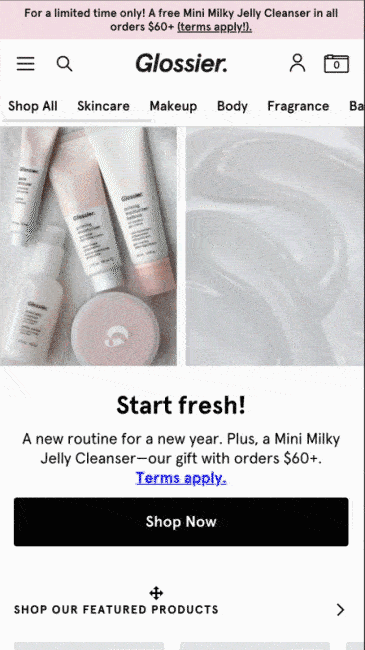 Scrolling the mobile commerce home page on Glossier.com
