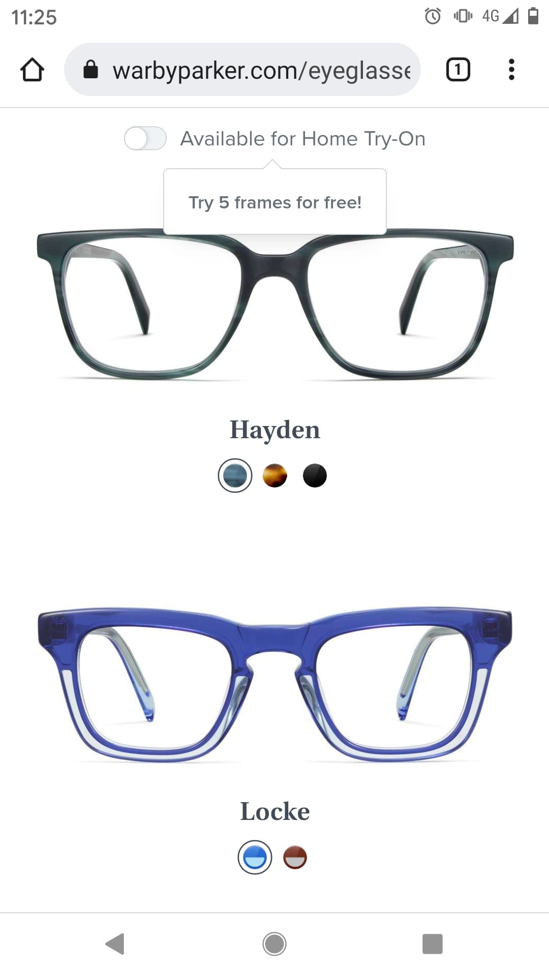 Browsing different eyeglasses frames on WarbyParker.com