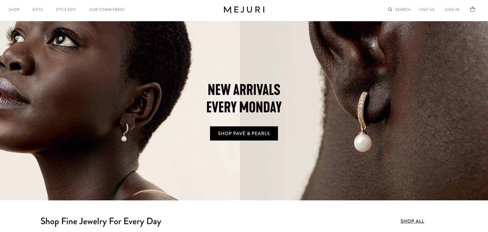 The homepage of Mejuri.com