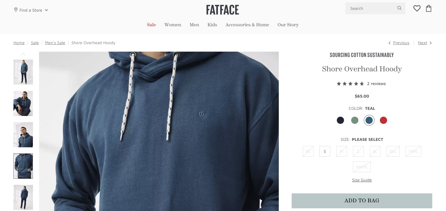 A blue hoody product page on FatFace.com