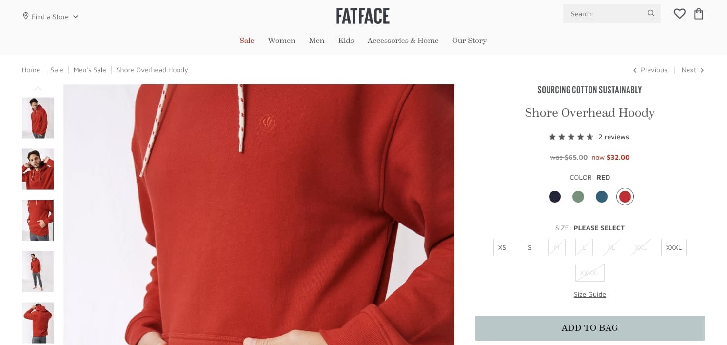 A red hoody product page on FatFace.com
