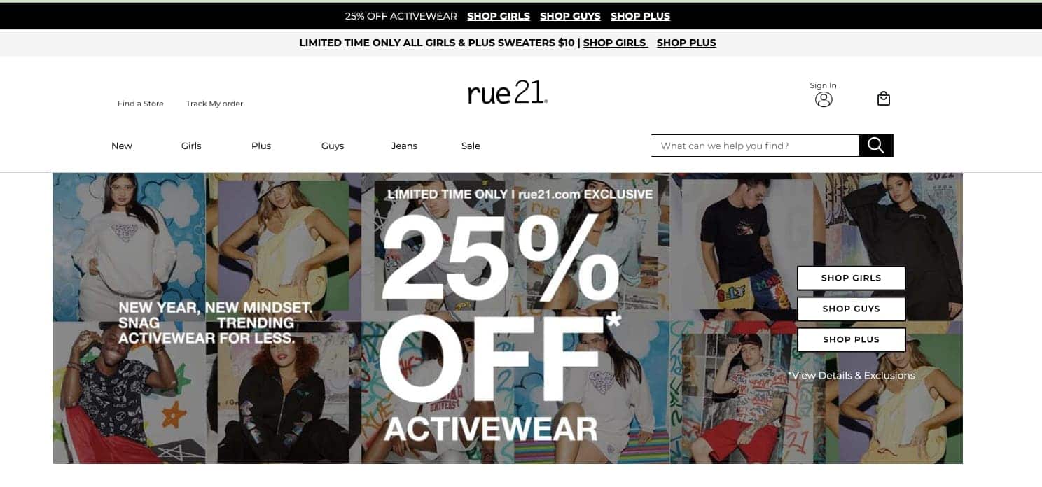 The Rue21.com homepage