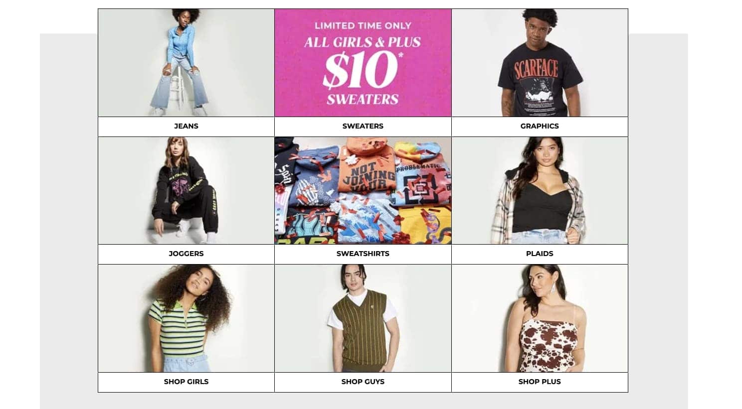 Product categories on Rue21.com