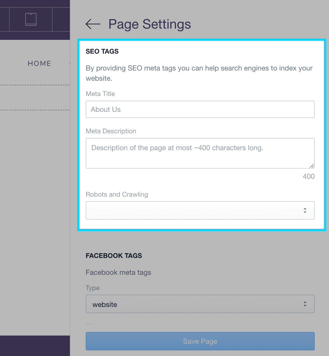 shogun page settings seo settings