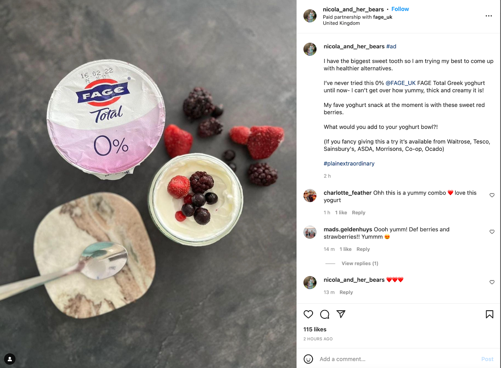 An Instagram influencer post featuring Fage