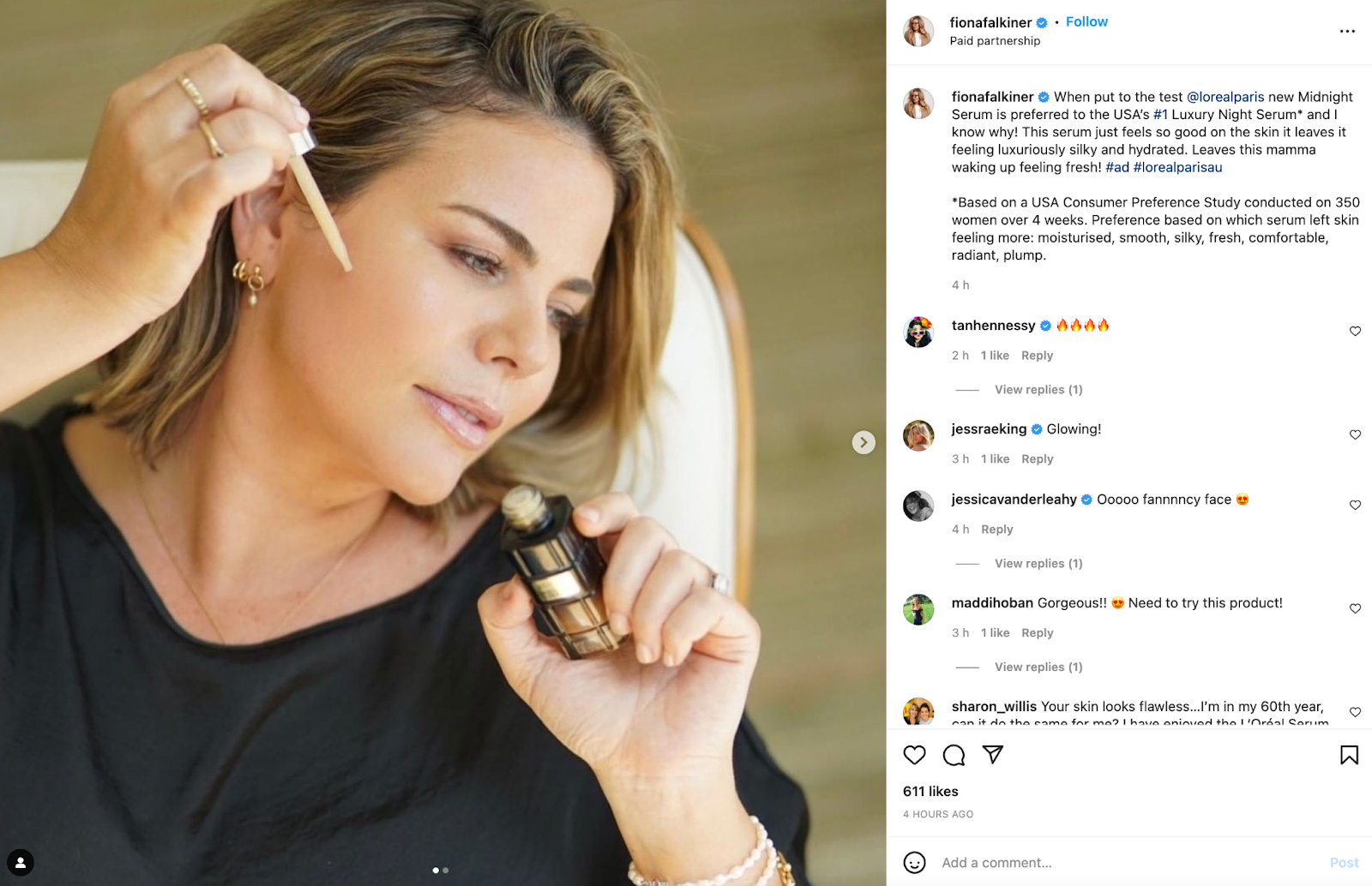 An influencer marketing post on Instagram with Fiona Falkiner and L'Oreal Paris