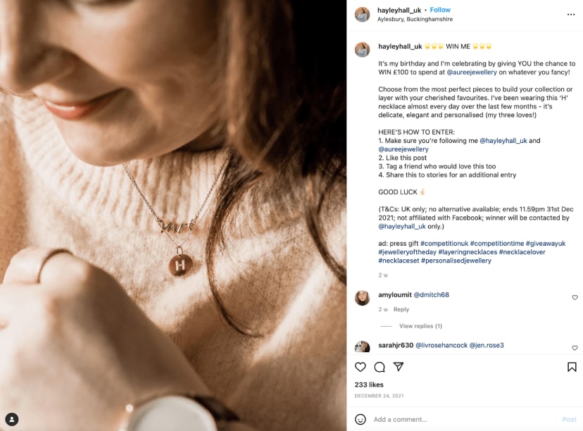 A influencer marketing collaboration post on Instagram with Hayley Hall and Auree Jewellery