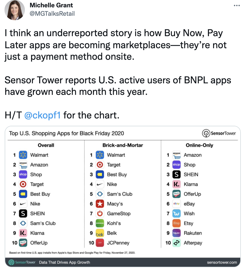 Tweet from Michelle Grant about buy now, pay later