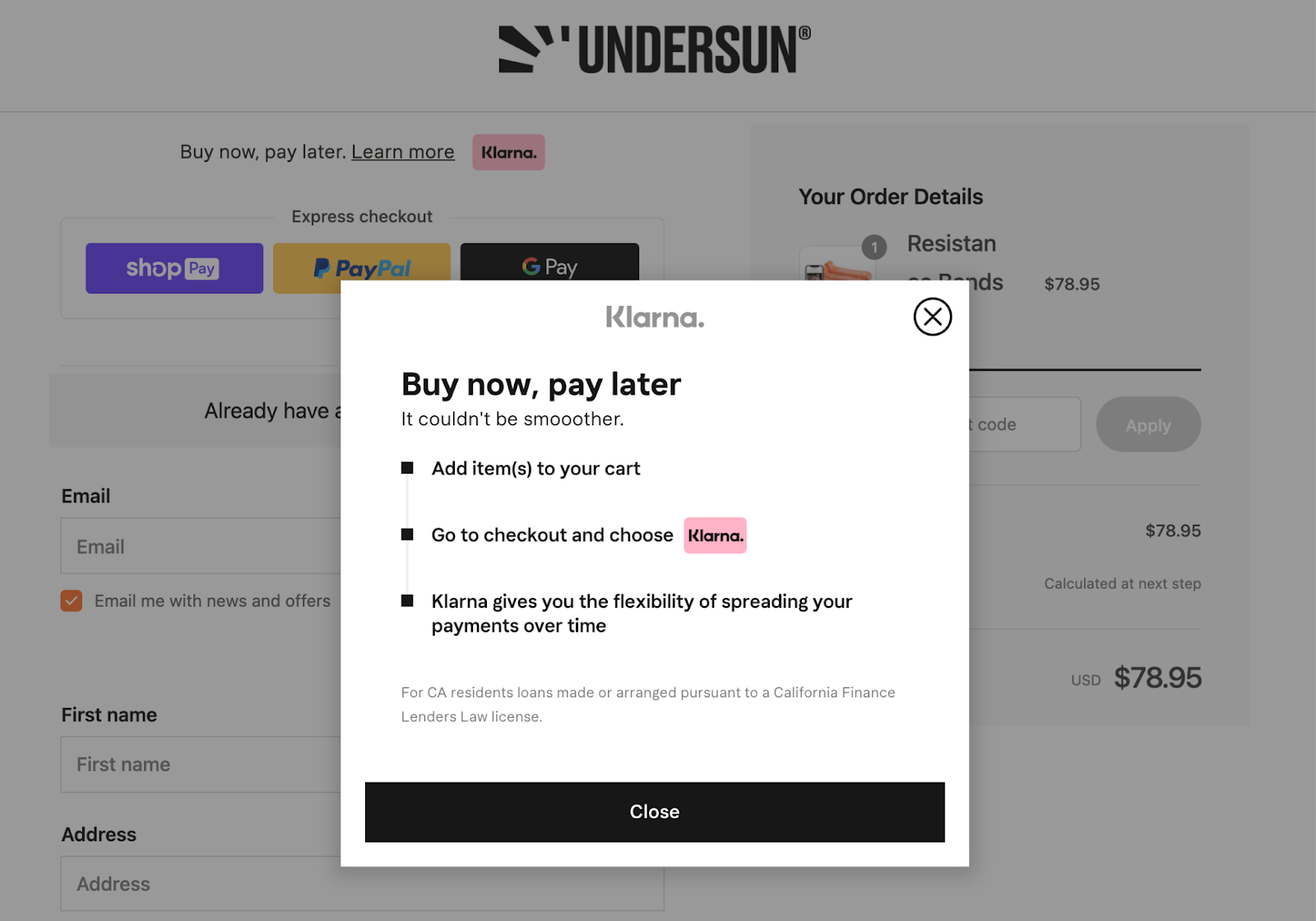 Undersun Fitness' buy now, pay later integration with Klarna