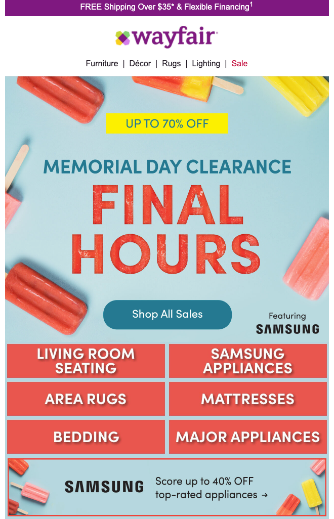 A flash sale email from Wayfair