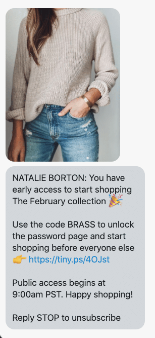 A promotional SMS message from Natalie Borton