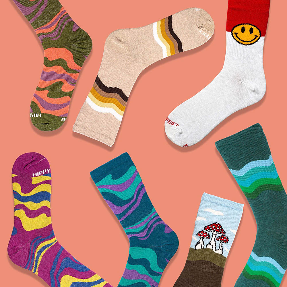 hippy feet socks on solid background