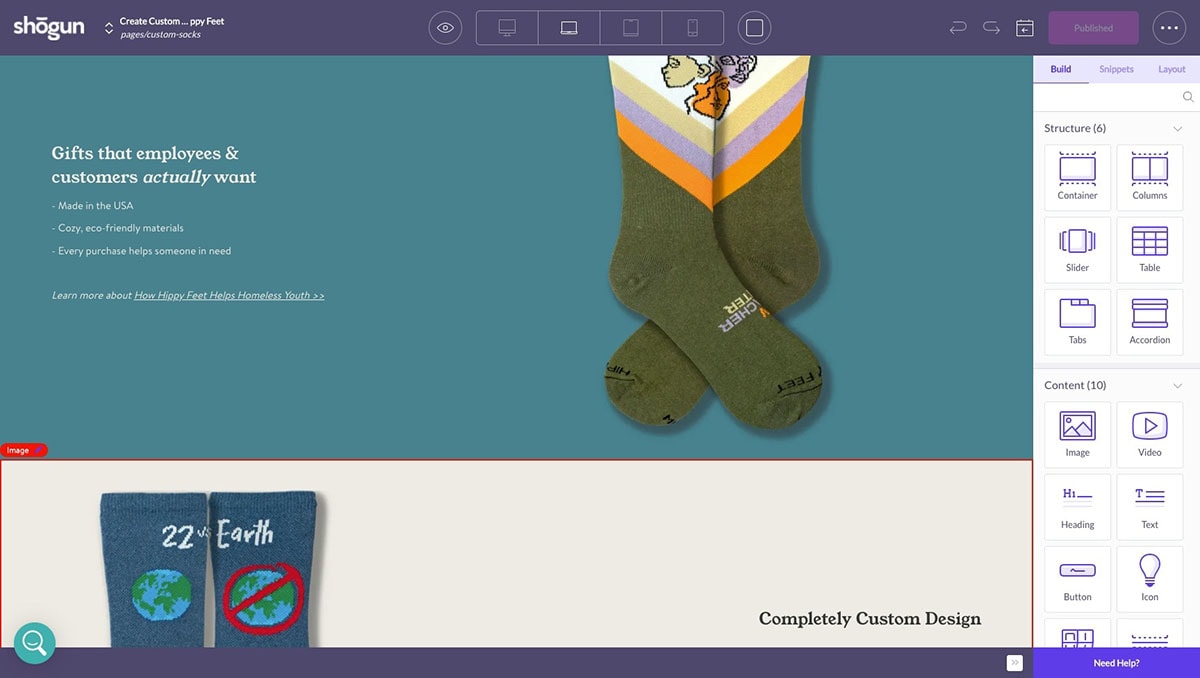 hippy feet custom socks page in page builder visual editor