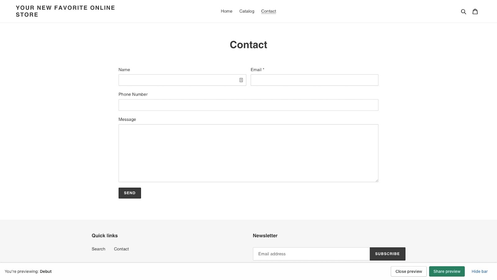 shopify contact page basic default