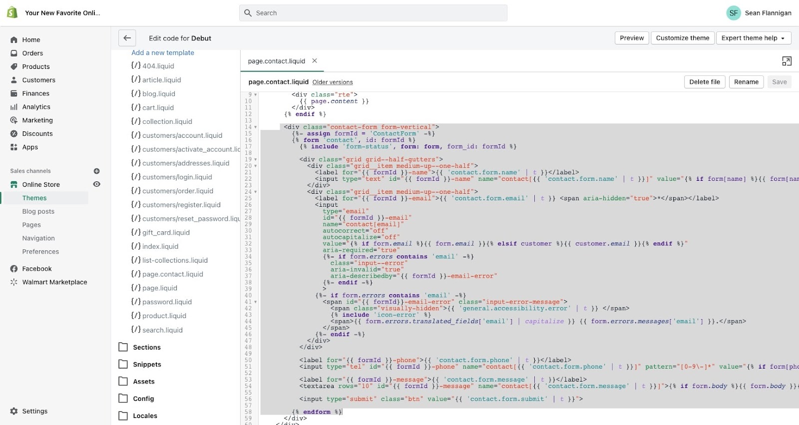 shopify code editor highlight liquid code