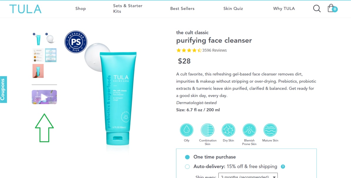 tula skincare product page video in gallery