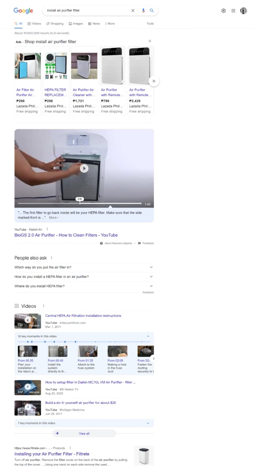 google serp air filters video results