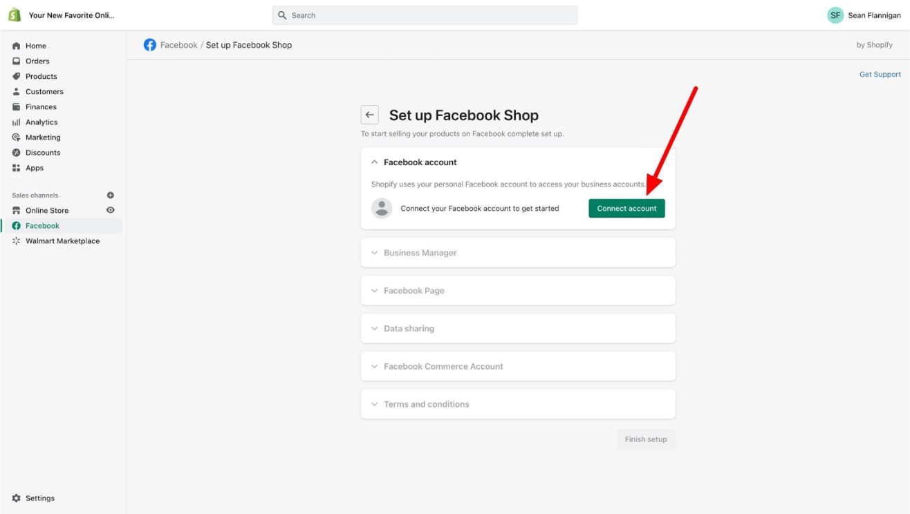 shopify facebook sales channel connect facebook account