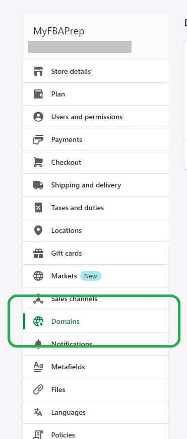 shopify settings menu domains