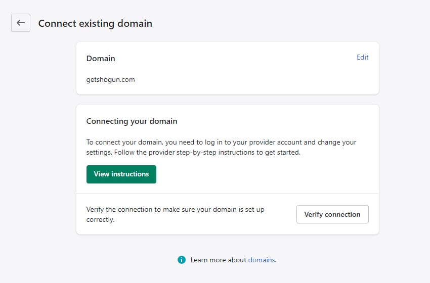 connect existing domain to shopify settings