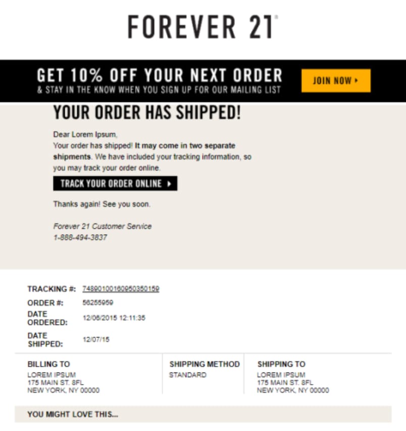 forever 21 transactional email order shipped
