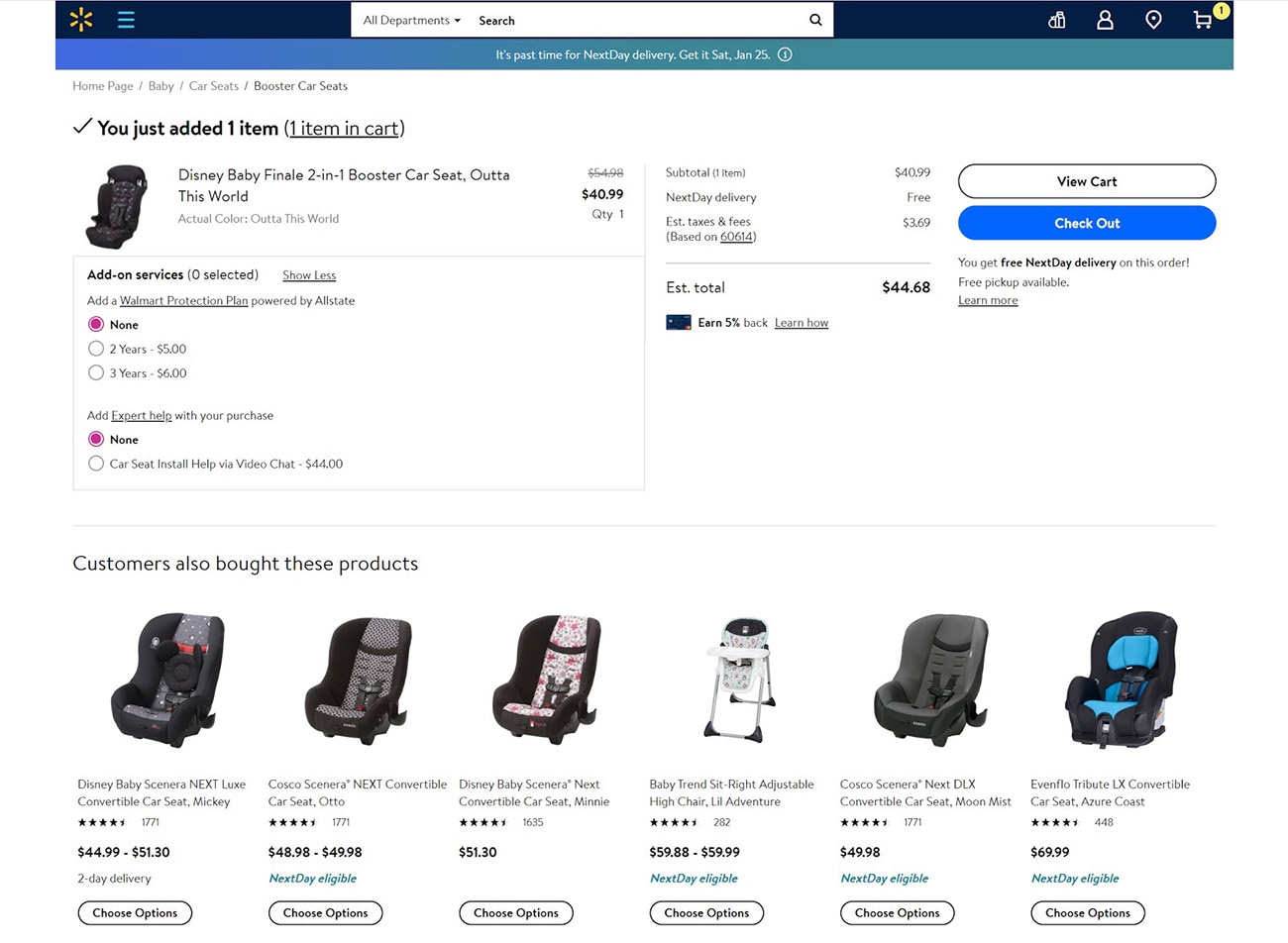 Example of recommended baby car seats on the Walmart website