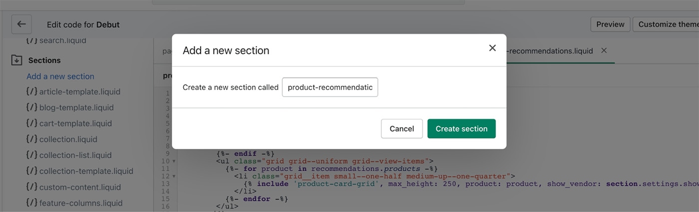 product-recommendations create new section