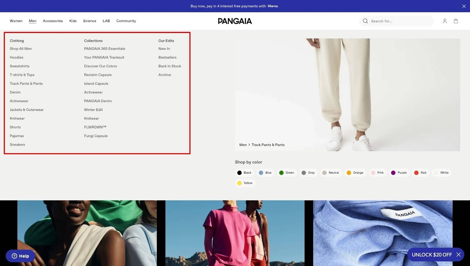 pangaia main navigation product collections